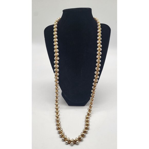 VTG faux pearl double row necklace gold tone weaved link statement glam long - Picture 2 of 6
